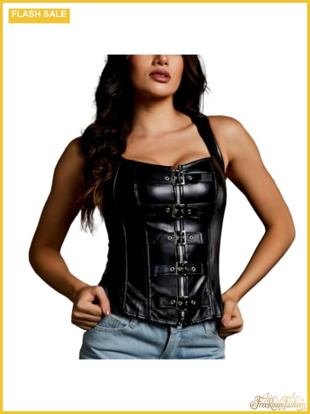 Faux Leather Buckle-Up Corset Bustier Basque with G-String Lace Up Back